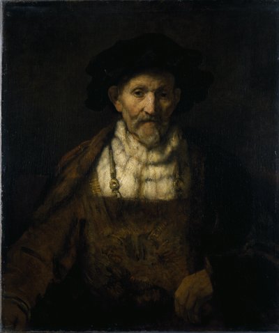 En gammel mand i fantasifuldt kostume (olie på lærred) af Rembrandt Harmensz. van Rijn