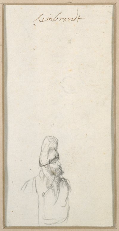 Skægget mand i profil, i høj kasket, ca. 1640 (sort kridt på papir) af Rembrandt Harmensz. van Rijn
