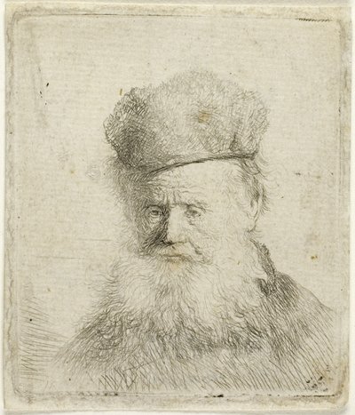 Buste af en gammel mand med pelshue og flydende skæg, ca. 1631 (radering på papir) af Rembrandt Harmensz. van Rijn