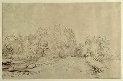 Kanal med både, en dige, vej og træer (rørpen og blæk med vask på papir) af Rembrandt Harmensz. van Rijn