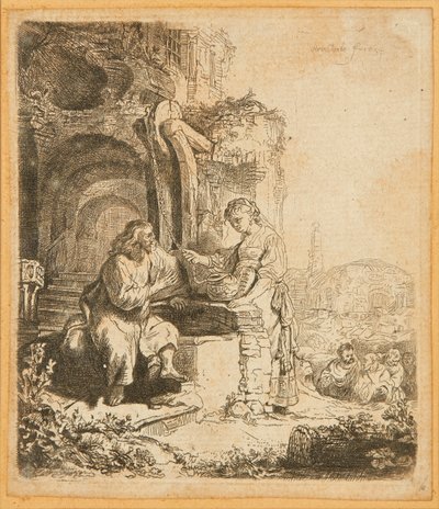 Kristus og kvinden i Samaria, blandt ruiner (radering) af Rembrandt Harmensz. van Rijn