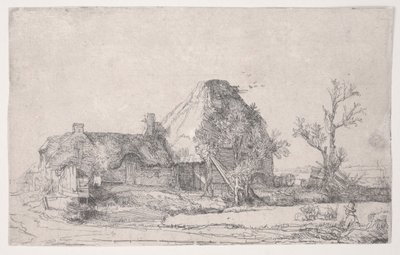 Sommerhus og landbrugsbygninger med en mand, der tegner, ca. 1645 (radering) af Rembrandt van Rijn
