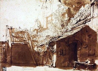 Bondegård i lys og skygge - Rembrandt van Rhijn (1606-1669) - 1635-1636 - Pen, pensel, brun farve på papir - 16,2x22,5 cm - Szepmuveszeti Muzeum, Budapest af Rembrandt Harmensz. van Rijn