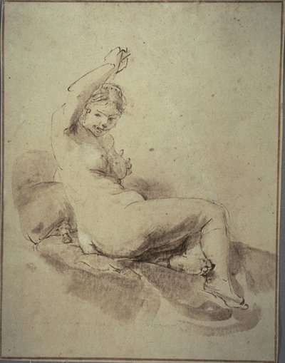 Kvindelig nøgen tilbagelænet med arm hævet, ca. 1665 (pen og brunt blæk og pensel og brun vask, på solbrunt lagt papir) af Rembrandt Harmensz. van Rijn