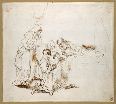 Isaac Blessing Jacob (sort kridt på papir) af Rembrandt Harmensz. van Rijn