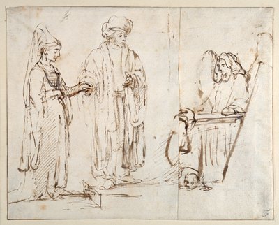 Laban bringer Lea til Jakob med Jakob overlejret af et fragment af en anden tegning; en engel med en hund liggende ved hans fødder af Rembrandt Harmensz. van Rijn