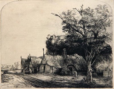 Landskab med tre hytter (ætsning) af Rembrandt Harmensz. van Rijn