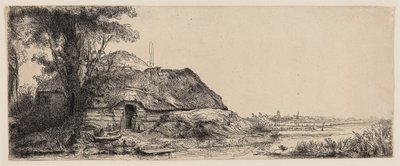 Landskab med et sommerhus og et stort træ af Rembrandt Harmensz. van Rijn