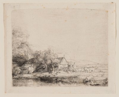 Landskab med en ko, der drikker, ca. 1650 (ætsning og drypoint på elfenbensfarvet papir) af Rembrandt Harmensz. van Rijn