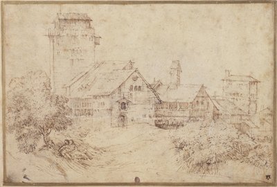 Landskab med bygninger og elskende, der omfavner hinanden, efter Titian (pen og brun blæk med rødkridt på papir) af Rembrandt Harmensz. van Rijn