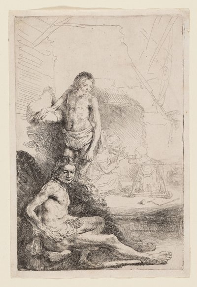 Mand nøgen siddende og stående, ca. 1646 (ætsning på elfenbensfarvet papir) af Rembrandt Harmensz. van Rijn