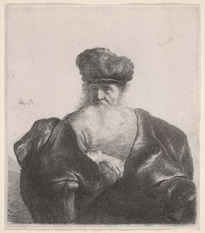 Gammel mand med flydende skæg, pelshue og fløjlskappe, ca. 1632 (ætsning) af Rembrandt van Rijn