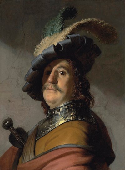 Portræt af en mand med en brynje og en fjerberet - Maleri af Rembrandt van Rijn (1606-1669) af Rembrandt Harmensz. van Rijn