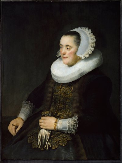 Portræt af en hollandsk borgerlig kvinde iført ryg og hovedbeklædning. (Maleri af Rembrandt van Rijn