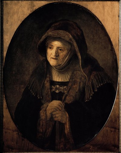 Portræt af kunstnerens mor lænende på sin stok (olie på lærred af Rembrandt van Rijn