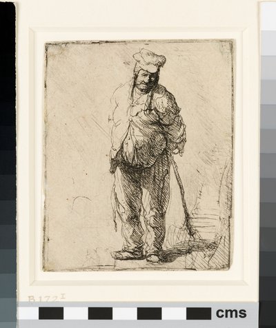 Raget bonde med hænderne bag sig, med en pind, ca. 1630 (ætsning) af Rembrandt van Rijn