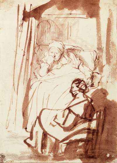 Saskia ligger i sin seng, en kvinde sidder ved hendes fødder af Rembrandt Harmensz. van Rijn