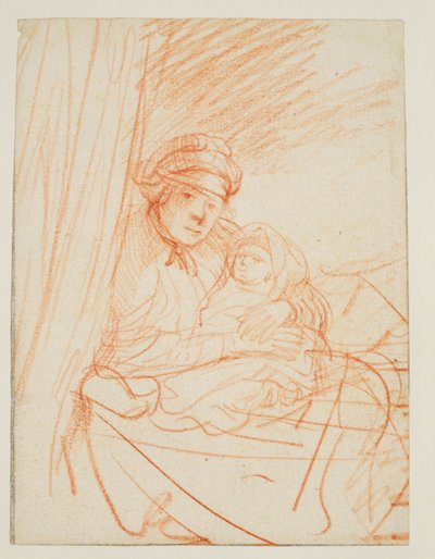 Saskia sidder op i sengen og holder et barn, 1635 ca af Rembrandt van Rijn