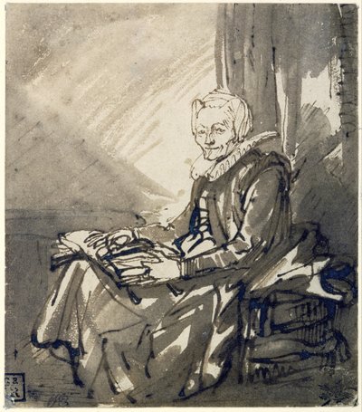 Siddende kvinde med en åben bog på skødet, ca. 1639 (pen, brunt blæk og brun lavering) af Rembrandt Harmensz. van Rijn