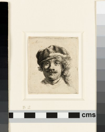 Selvportræt iført en blød kasket, ca. 1634 (ætsning) af Rembrandt van Rijn