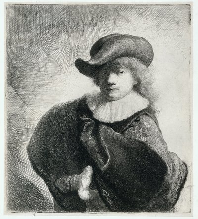 Selvportræt i en blød hat og mønstret kappe af Rembrandt Harmensz. van Rijn