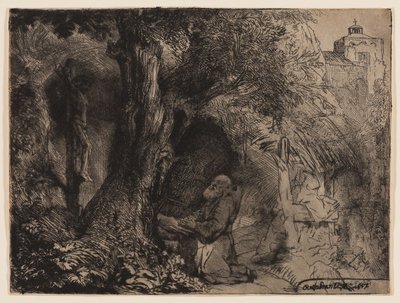 St. Francis under et træ beder af Rembrandt Harmensz. van Rijn