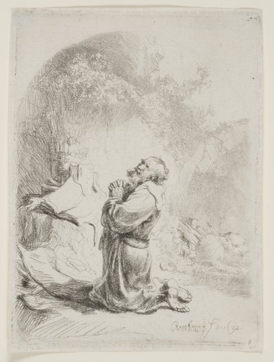St. Hieronymus beder: buet tryk af Rembrandt van Rijn