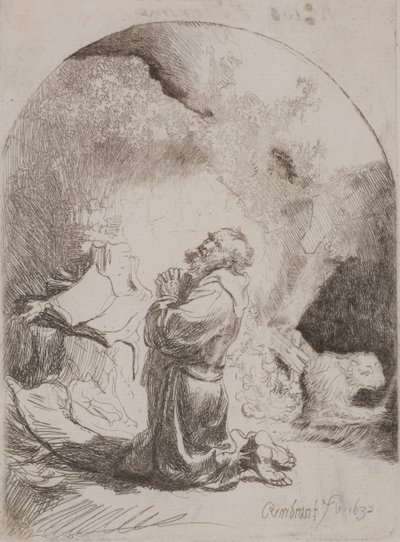 St. Hieronymus beder: buet tryk af Rembrandt van Rijn
