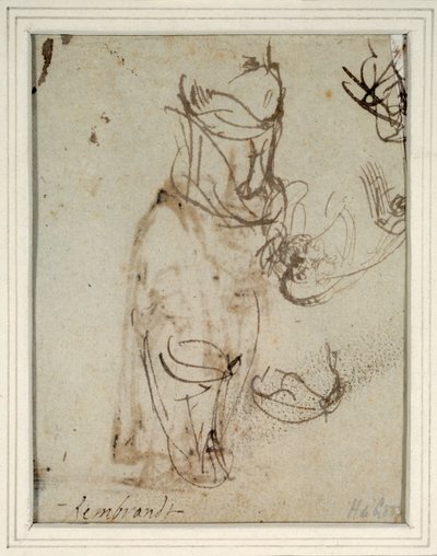 Studier af en høj hovedbeklædning; og et hoved vendt fra recto (pen og blæk på papir) (verso af 2636119) af Rembrandt Harmensz. van Rijn