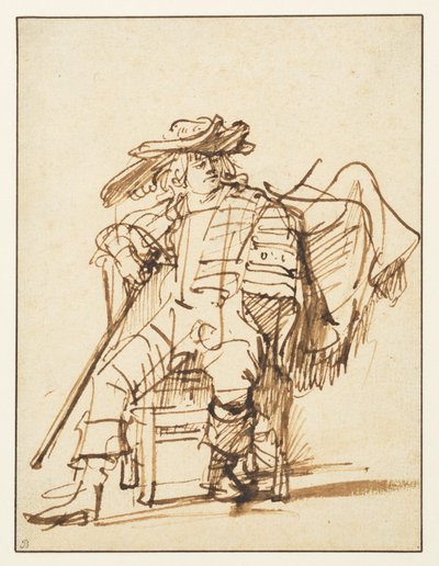 Studie af en siddende skuespiller i en plymerhat - Capitano fra Commedia dell"Arte, recto, 1636-c.1638 af Rembrandt van Rijn