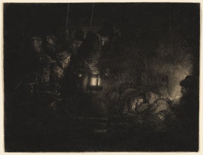The Adoration of the Shepherds: A Night Piece, ca. 1657 (ætsning, drypoint og burin i sort på elfenbenspålagt papir) af Rembrandt Harmensz. van Rijn