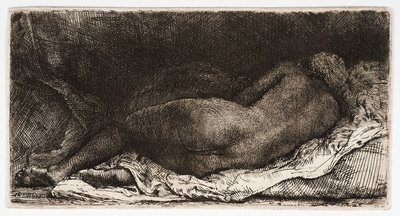 Den nøgne kvinde sover med balderne i vinden, af Rembrandt Harmensz. van Rijn