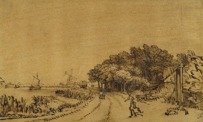 Udsigt over Amstel: vejen på Amsteldijk, der fører til Trompenburg, ca. 1649-50 (pen & blæk med brun vask & hvid kropsfarve på papir) af Rembrandt Harmensz. van Rijn
