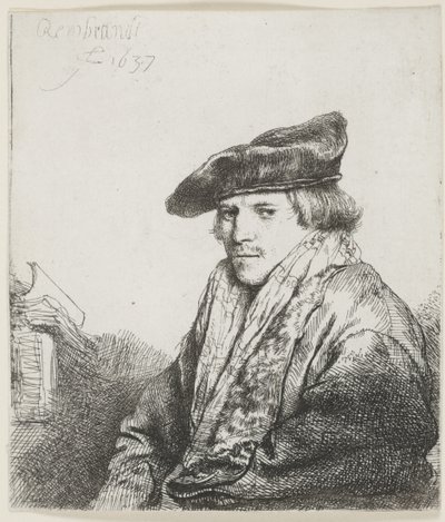 Ung mand i fløjlskasket med bøger ved siden af sig af Rembrandt van Rijn