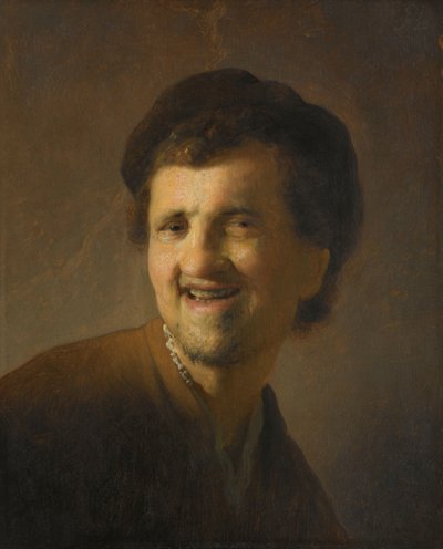 Leende ung mand Buste af en grinende ung mand af Rembrandt van Rijn (circle of)
