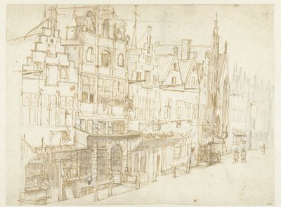 Udsigt over en række huse i en by af Rembrandt van Rijn (school of)