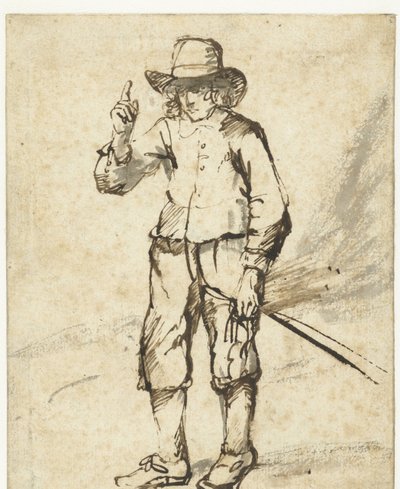 Stående dreng holder en pisk og løfter sin højre hånd af Rembrandt van Rijn (school of)