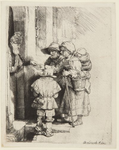 En blind hurdy-gurdy-spiller og hans familie modtager almisser af Rembrandt van Rijn
