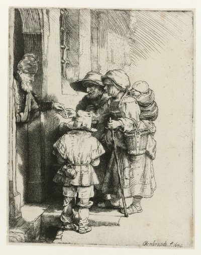 En blind gurdy-spiller og hans familie En blind gurdle-spiller og familie, der modtager almisser af Rembrandt van Rijn