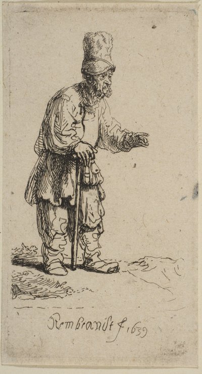 En bonde i høj kasket, stående lænet på en pind, 1639. af Rembrandt van Rijn