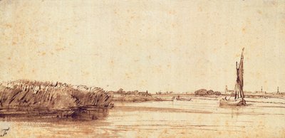 En flod med en sejlbåd på Nieuwe Meer af Rembrandt van Rijn