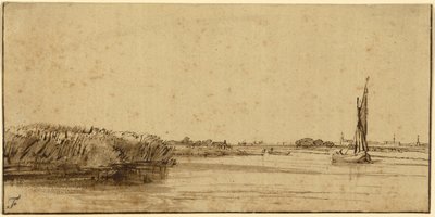 A Sailing Boat on a Wide Expanse of Water, ca. 1650 (pen og brunt blæk og brun vask, på tonet papir) af Rembrandt van Rijn
