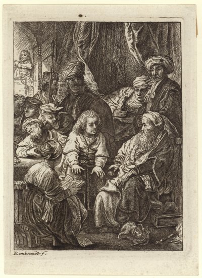 En flok mennesker samledes om en siddende gammel mand af Rembrandt van Rijn