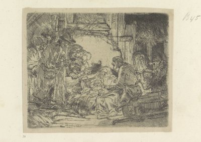 Aanbidding der herders: met de olielamp Samling af 85 originale tryk (serietitel) af Rembrandt van Rijn