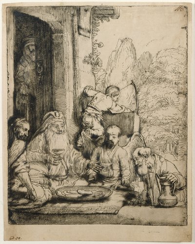 Abraham underholder englene af Rembrandt van Rijn