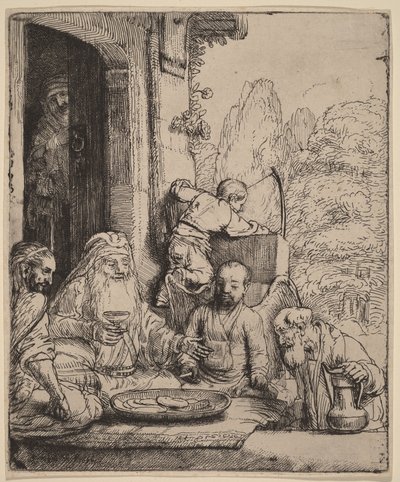 Abraham underholder englene af Rembrandt van Rijn