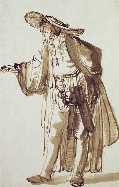 Skuespiller med bredskygget hat (pen og blækvask på papir) af Rembrandt van Rijn