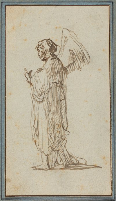 Angel Standing (pen og brunt blæk over spor af trækul på filtpapir) af Rembrandt van Rijn