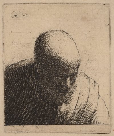 Skaldet mand med åben mund, der ser ned af Rembrandt van Rijn