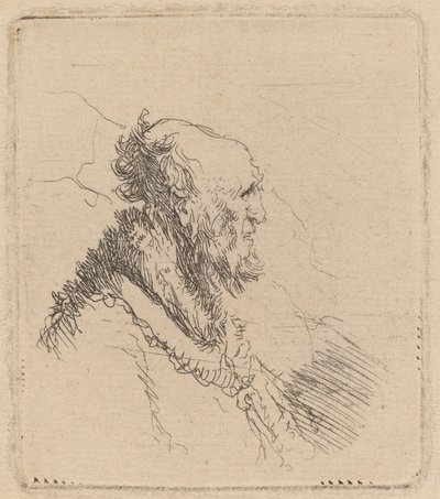 Skaldet gammel mand med kort skæg i profil af Rembrandt van Rijn